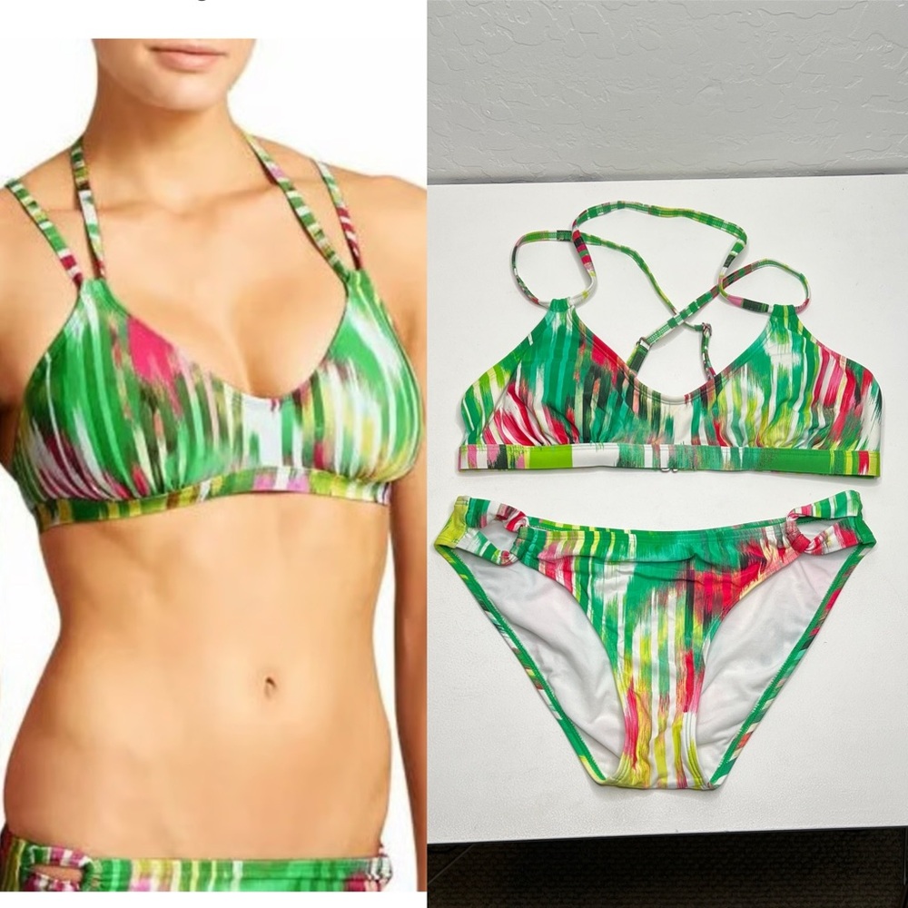 Athleta Wailea Scoop Crisscross Green Pink Striped Bikini small